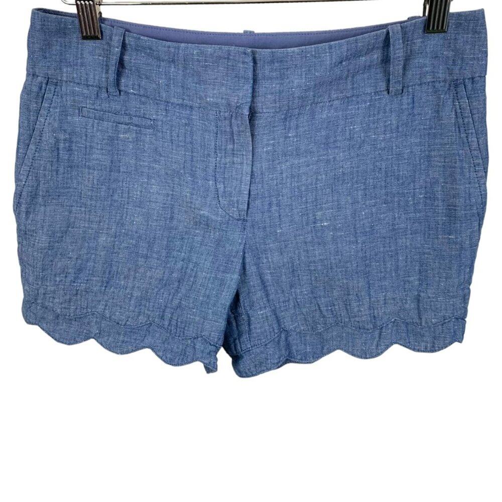 LOFT Women's Short Size 00 Riviera Linen Cotton Blue Scalloped Hem